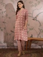 Cream Printed Straight Kurta with Bottom – V-Neck Thread Detailing, 3/4 Sleeve Stitched Cotton Set