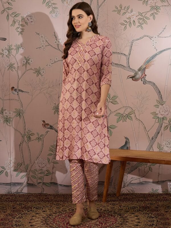 Cream Printed Straight Kurta with Bottom – V-Neck Thread Detailing, 3/4 Sleeve Stitched Cotton Set