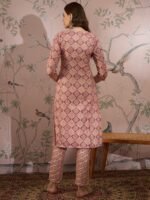 Cream Printed Straight Kurta with Bottom – V-Neck Thread Detailing, 3/4 Sleeve Stitched Cotton Set