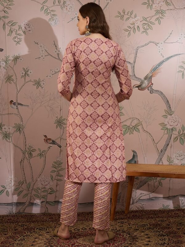 Cream Printed Straight Kurta with Bottom – V-Neck Thread Detailing, 3/4 Sleeve Stitched Cotton Set