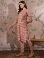 Cream Printed Straight Kurta with Bottom – V-Neck Thread Detailing, 3/4 Sleeve Stitched Cotton Set