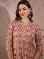 Cream Printed Straight Kurta with Bottom – V-Neck Thread Detailing, 3/4 Sleeve Stitched Cotton Set