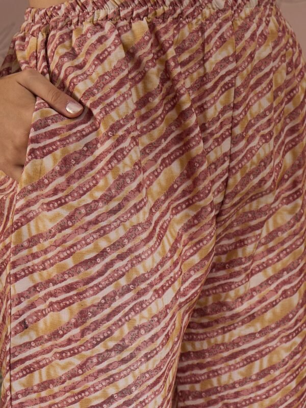 Cream Printed Straight Kurta with Bottom – V-Neck Thread Detailing, 3/4 Sleeve Stitched Cotton Set