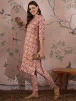Cream Printed Straight Kurta with Bottom – V-Neck Thread Detailing, 3/4 Sleeve Stitched Cotton Set