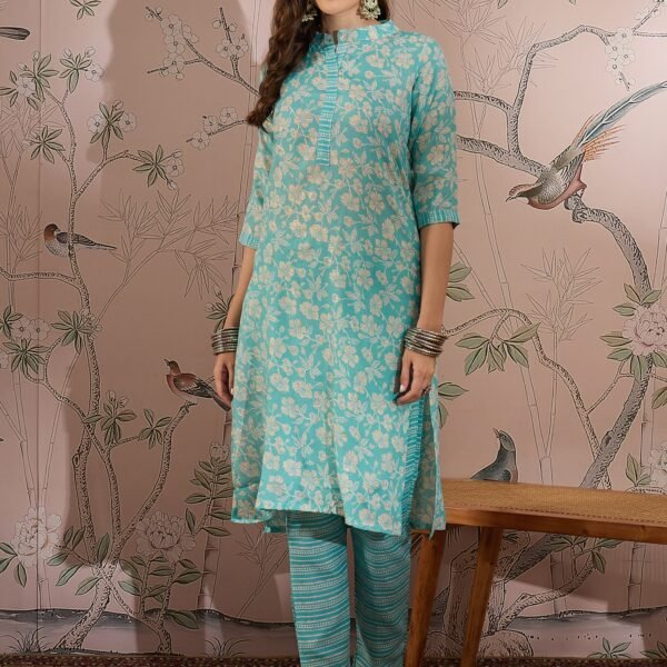 Women wearing aqua blue floral printed straight kurta with matching striped pants ethnic co-ord set