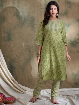 Green Printed Straight Kurta with Bottom – Notch Neck, 3/4 Sleeve Stitched Cotton Set