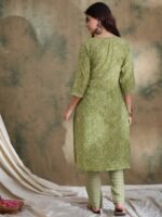 Green Printed Straight Kurta with Bottom – Notch Neck, 3/4 Sleeve Stitched Cotton Set
