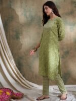 Green Printed Straight Kurta with Bottom – Notch Neck, 3/4 Sleeve Stitched Cotton Set