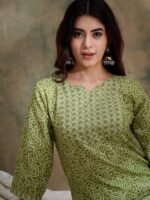 Green Printed Straight Kurta with Bottom – Notch Neck, 3/4 Sleeve Stitched Cotton Set