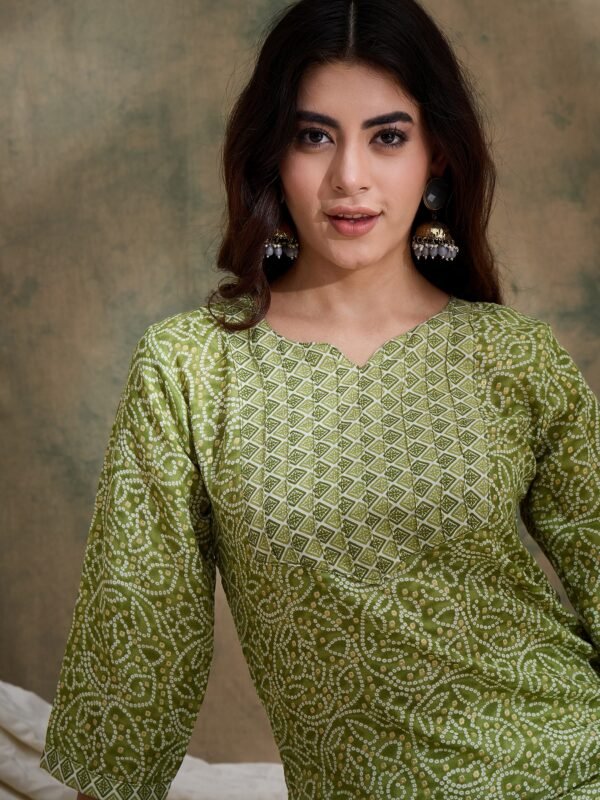 Green Printed Straight Kurta with Bottom – Notch Neck, 3/4 Sleeve Stitched Cotton Set