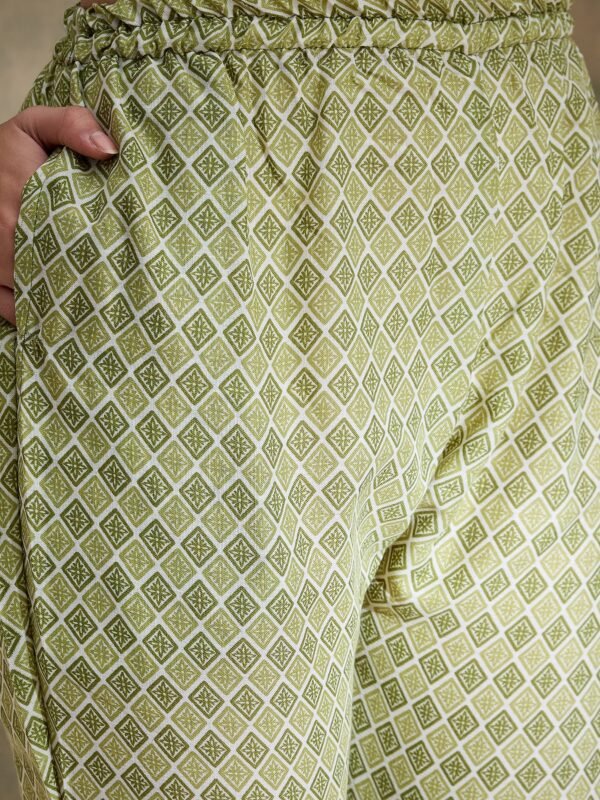 Green Printed Straight Kurta with Bottom – Notch Neck, 3/4 Sleeve Stitched Cotton Set