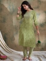 Green Printed Straight Kurta with Bottom – Notch Neck, 3/4 Sleeve Stitched Cotton Set