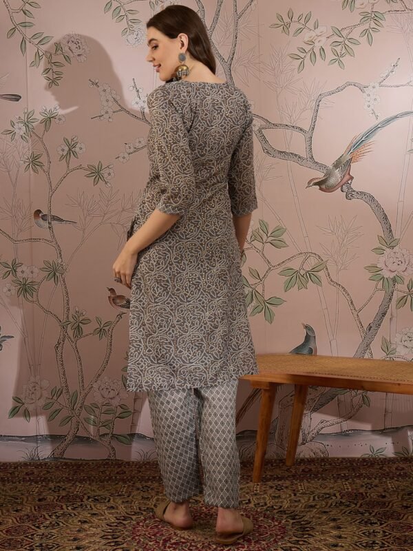 Green Printed Straight Kurta with Bottom – Notch Neck, 3/4 Sleeve Stitched Cotton Set