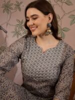 Green Printed Straight Kurta with Bottom – Notch Neck, 3/4 Sleeve Stitched Cotton Set