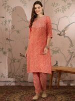 Green Printed Straight Kurta with Bottom – Notch Neck, 3/4 Sleeve Stitched Cotton Set