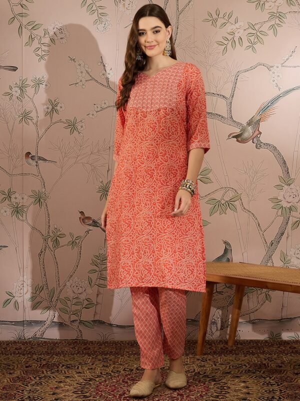 Green Printed Straight Kurta with Bottom – Notch Neck, 3/4 Sleeve Stitched Cotton Set