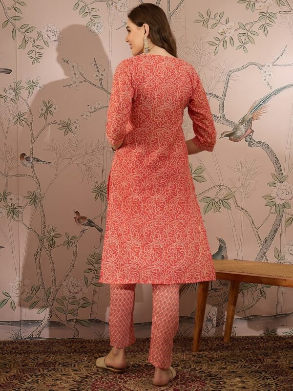 Green Printed Straight Kurta with Bottom – Notch Neck, 3/4 Sleeve Stitched Cotton Set