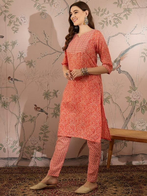 Green Printed Straight Kurta with Bottom – Notch Neck, 3/4 Sleeve Stitched Cotton Set