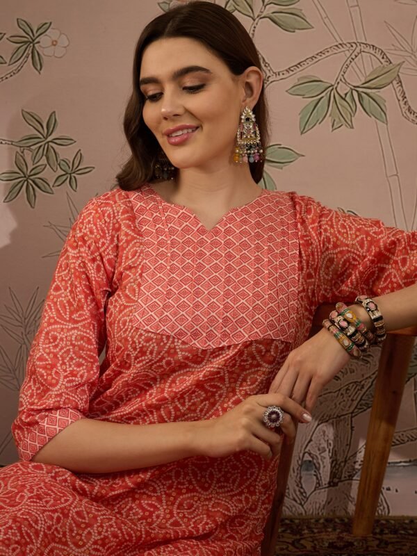 Green Printed Straight Kurta with Bottom – Notch Neck, 3/4 Sleeve Stitched Cotton Set