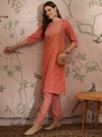 Green Printed Straight Kurta with Bottom – Notch Neck, 3/4 Sleeve Stitched Cotton Set