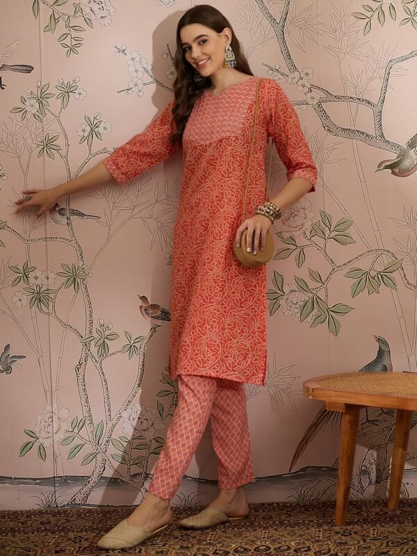 Green Printed Straight Kurta with Bottom – Notch Neck, 3/4 Sleeve Stitched Cotton Set