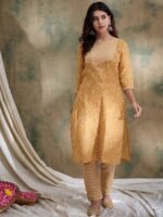 Green Printed Straight Kurta with Bottom – Notch Neck, 3/4 Sleeve Stitched Cotton Set