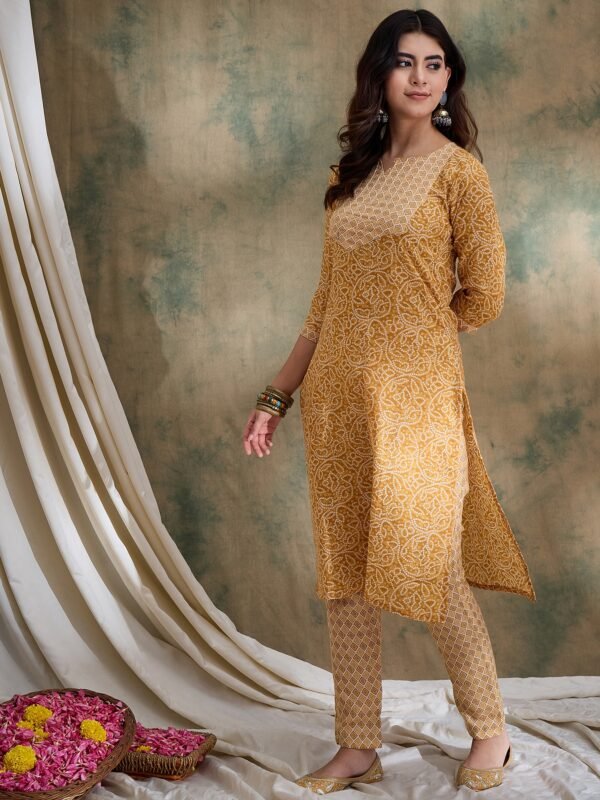 Green Printed Straight Kurta with Bottom – Notch Neck, 3/4 Sleeve Stitched Cotton Set