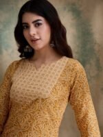 Green Printed Straight Kurta with Bottom – Notch Neck, 3/4 Sleeve Stitched Cotton Set