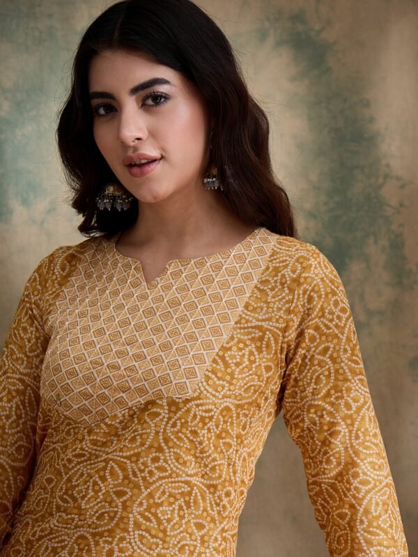 Green Printed Straight Kurta with Bottom – Notch Neck, 3/4 Sleeve Stitched Cotton Set